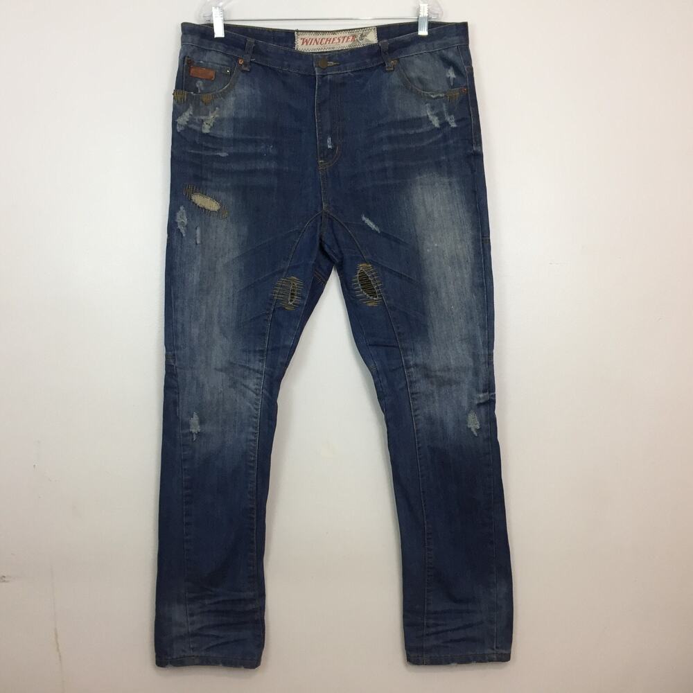 Y2K Winchester Mens Jeans Size 38x34 Distressed Denim Blue Patches Stitching